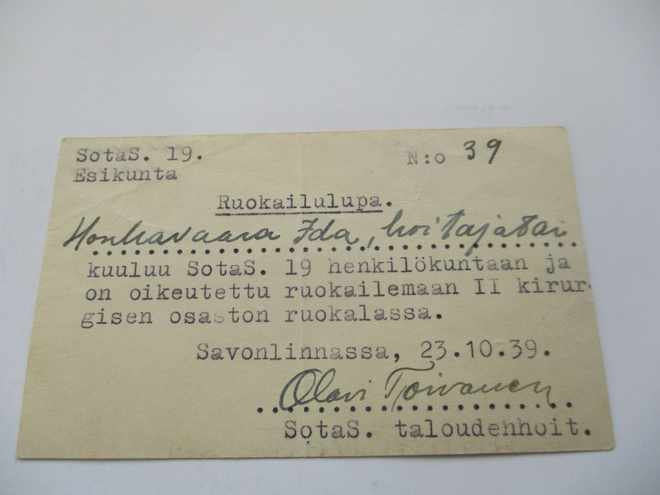 1939 Savonlinna Sotasairaalan ruokailulupa