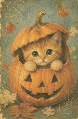 Halloween kissa kurkistaa kurpitsan sisältä