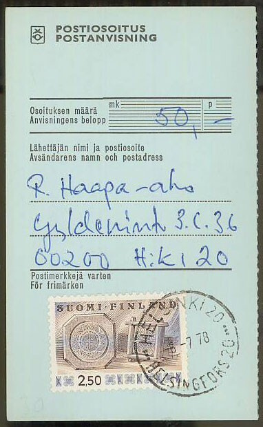 1976  2,50 mk juustokehät postiosoitus