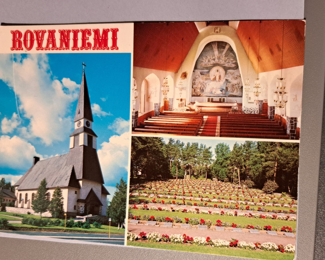 Rovaniemi; kirkko ulkoa, sisältä ja sankarihauta, kulk 1978