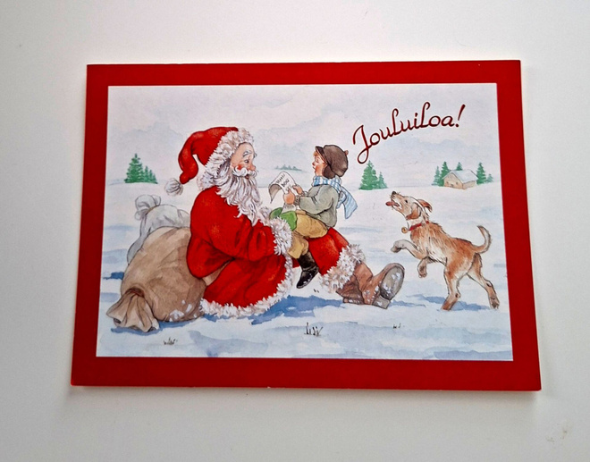 "Tyttö Joulupukin polvella..koira"-KULKEMATON JOULUKORTTI