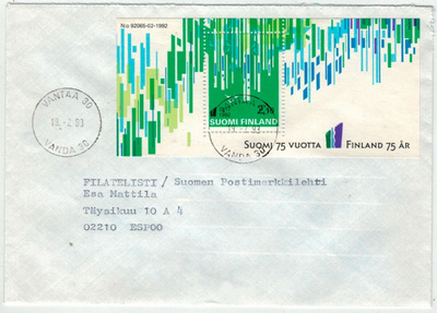 1992 Suomi 75v blokki kirje