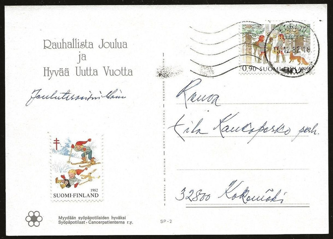 Tub Joulumerkki 1982 Tonttujen mäenlasku kortilla