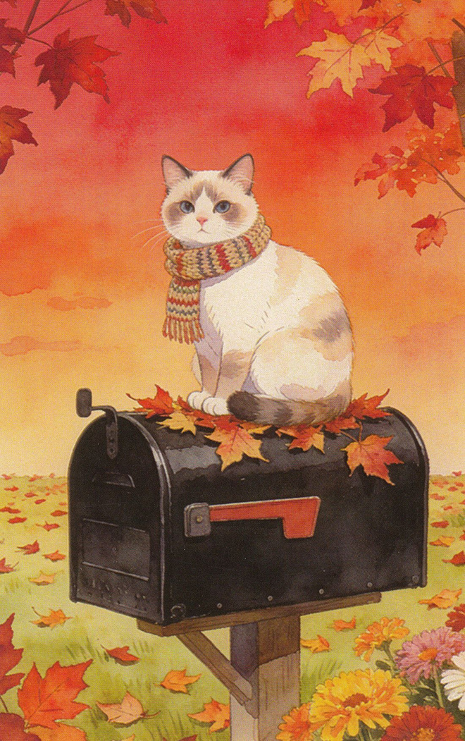 Kissa mustan postilaatikon päällä, syksy