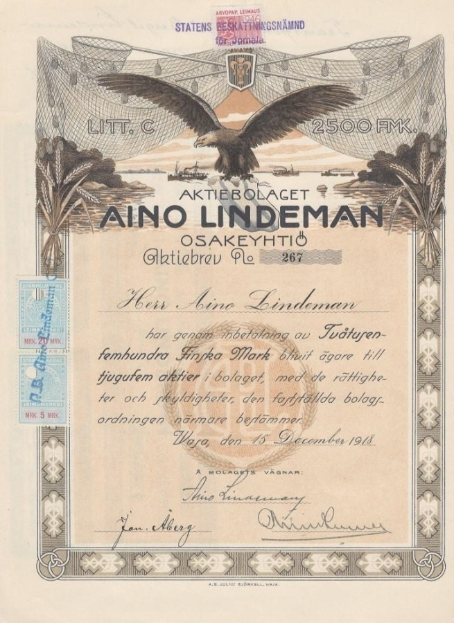 OKK 1918 Kalastustarvikeyhtiö Aino Lindeman Oy, Vaasa osake