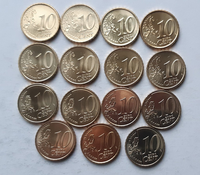 Suomi 10 c vuodet 1999 - 2013 yhteensä 15 kpl, UNC
