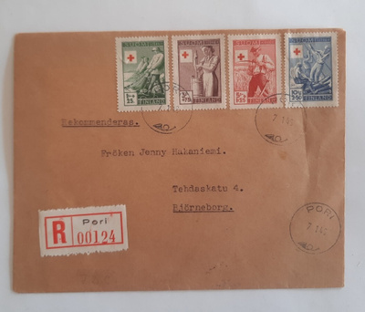 FDC PR 1946 R-kuori Pori, kulkenut, kuoressa taite