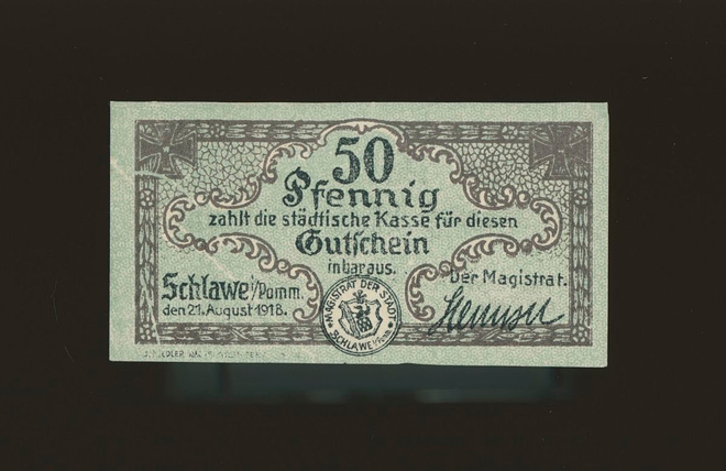 Saksa Notgeld 50 Pfennig, Schlawe 21.8.1918