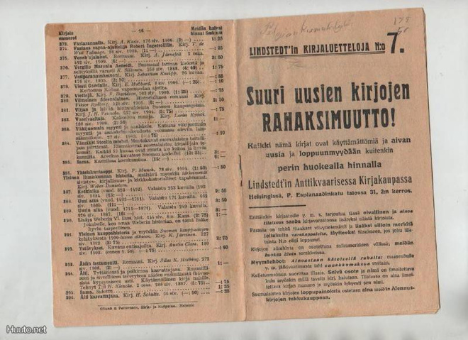 Lindstedtin kirjaluetteloja N:o 7, n.1910, nid.
