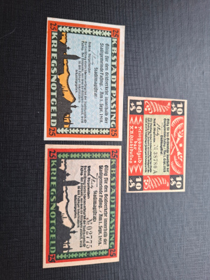 Saksa Kriegsnotgeld Pasing 3 seteliä 1918