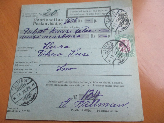 1928 Uuras osoitekortti Inoon