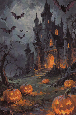 Halloween linna, lepakot, kurpitsat