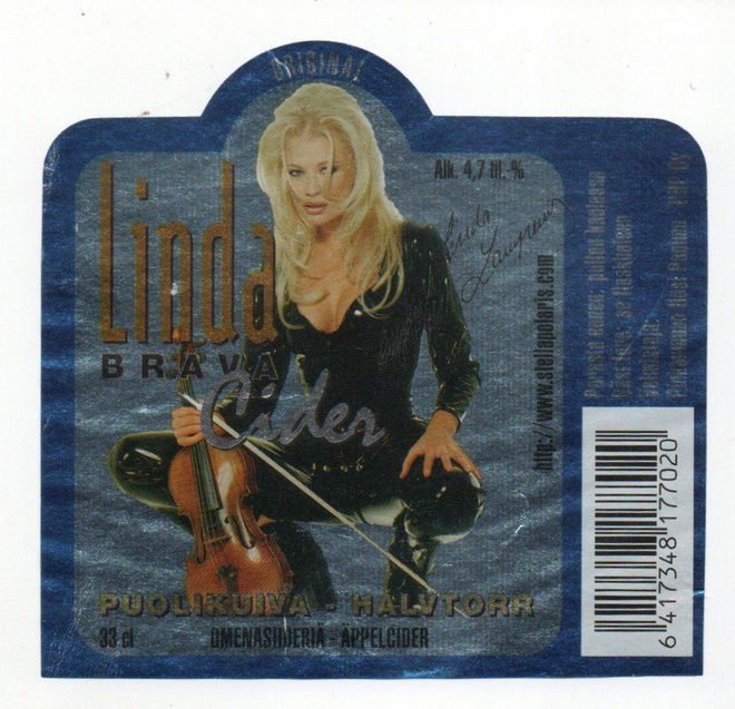 Etiketti Linda Lampenius. Cider Omenasiideriä.