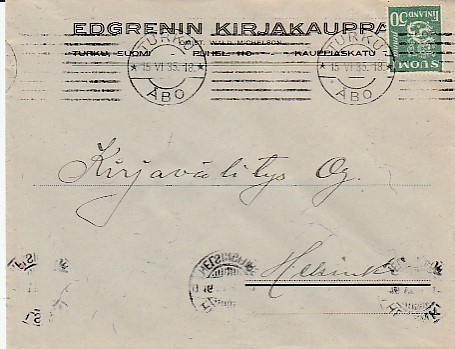 1935, Edgrenin Kirjakauppa Turku kirje Helsinkiin