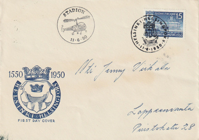 1950 Helsinki 400v FDC-kirje kulkeneena HKI-Lappeenranta