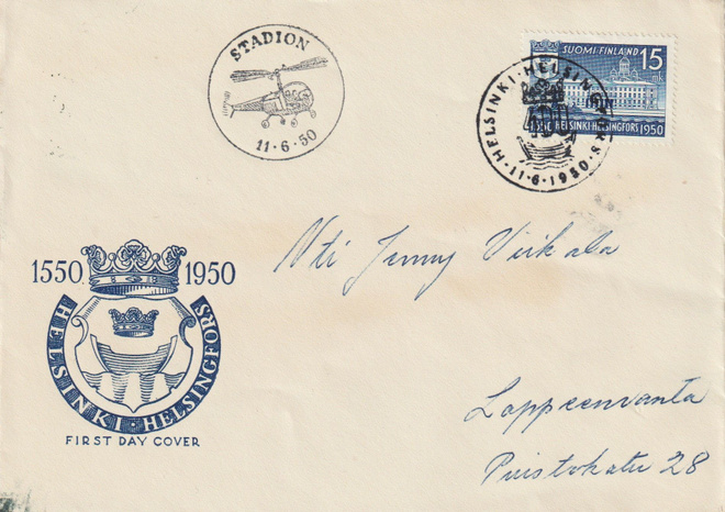 1950 Helsinki 400v FDC-kirje kulkeneena HKI-Lappeenranta