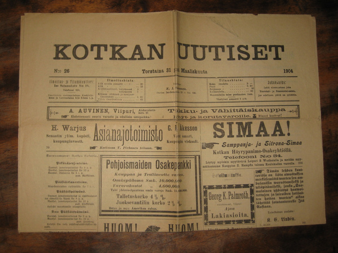 Sanomalehti Kotkan Uutiset  31.3.1904
