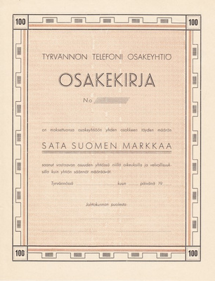OKK 1946 Tyrvännön Telefoni Oy bla, Tyrväntö Hattula osakek.