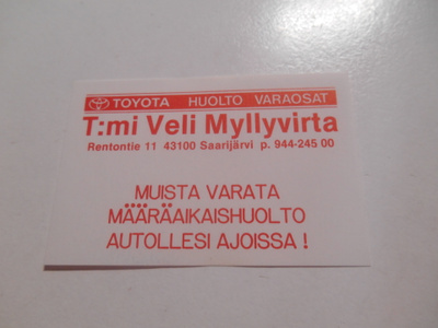 TT Etiketti Toyota T:mi Veli Myllyvirta Saarijärvi