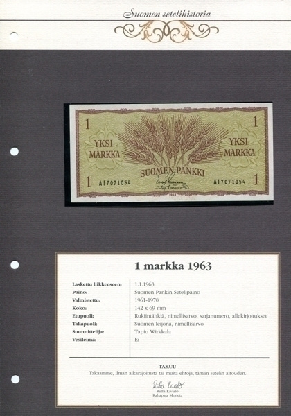 * Suomen Markka 1963 Seteli + Aitoustodistus Uusi Koskematon