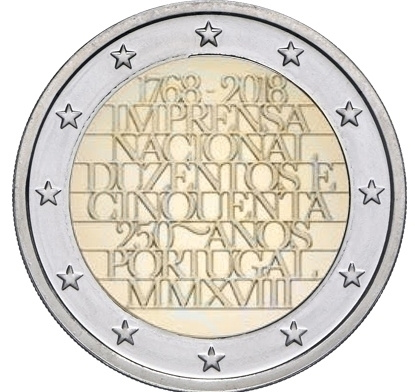 ** PORTUGALI 2€ 2018 INCM 250 vuotta pillerissä **