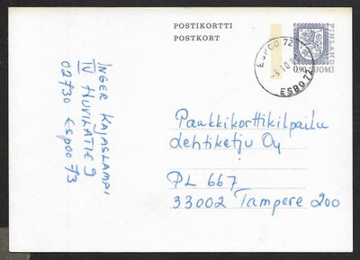 Postilähetys - Ehiö 0,90 (LAPE 138) Espoo 72 3.10.1980