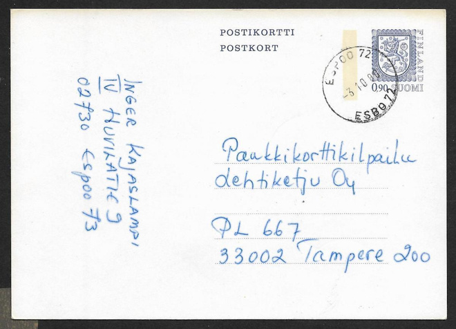 Postilähetys - Ehiö 0,90 (LAPE 138) Espoo 72 3.10.1980