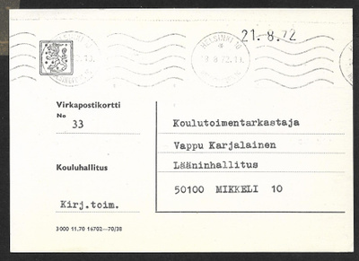 Postilähetys - Virkakortti - Helsinki10 18.8.1972