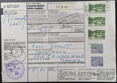 Pakettikortti 1971, Lahdesta Sveitsiin, tullausmerkinnät