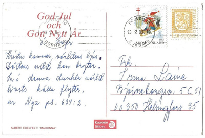 Tub Joulumerkki 1982 Tonttujen mäenlasku kortilla