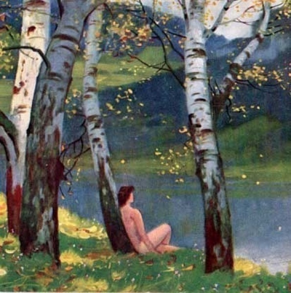 NAINEN / Alaston tyttö rantakoivikossa. 1910-l.