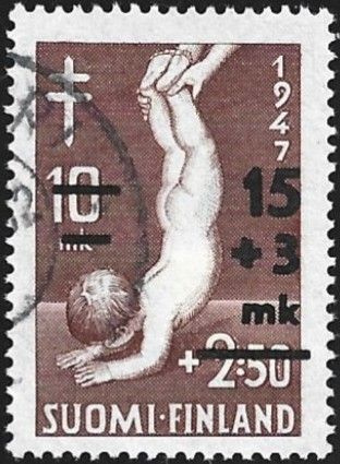 1948 Tuberkuloosi lisäpainama 15 + 3 mk leimattu LaPe 354