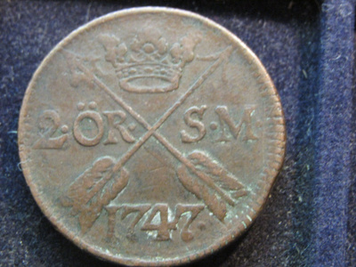 2 öre 1747 SM. Adolf Frederik . Ruotsi-Sweden