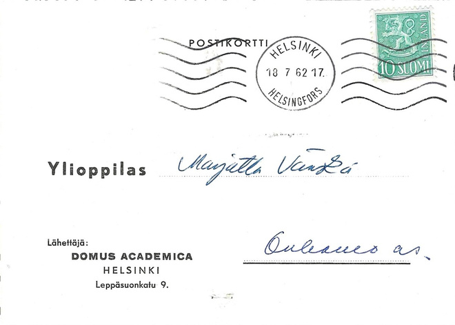 HELSINKI 18.7.62 LEIMA M54F 10MK DOMUS ACADEMICA LÄHETTÄJÄ O
