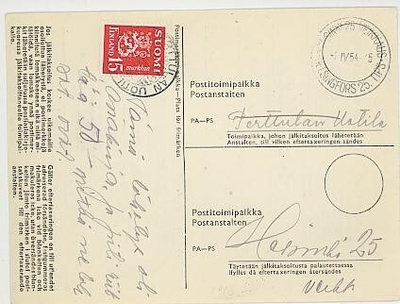 M30 1952 15mk Perttulan Uotila jälkitaksoituskortilla