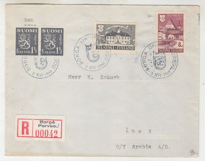 FDC 1946 porvoo kirjattuna kirjeenä