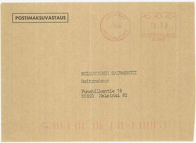 Postimaksuvastaus, päivämäärätön postin maksuleima 1,30 mk