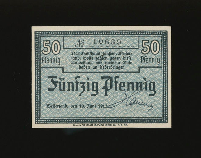 Saksa Notgeld 50 Pfennig, Westerland 10.6.1917