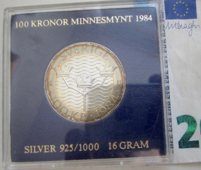 Ruotsi 100 kr 1984 Hopeaa Alkup. Pakkaus