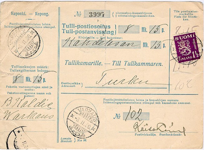 M30 1930 1,5mk violetti tullipostiosoitus
