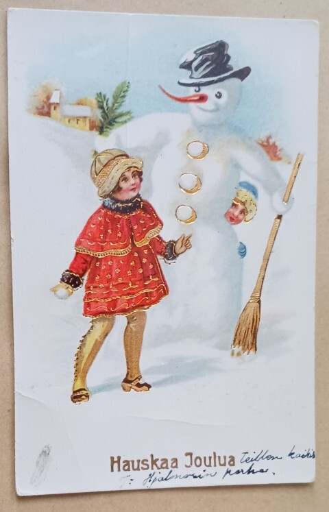 Lapset ja iloinen lumiukko, vanha joulupk, p. 1927