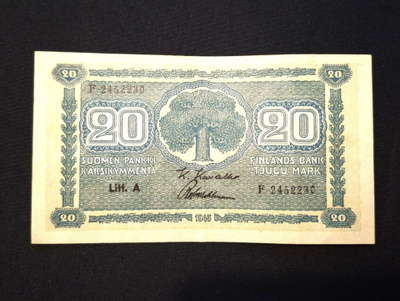 20 Markkaa 1945 Litt,A Kunto 7
