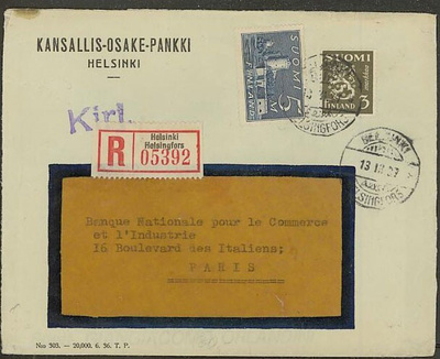 M30 1937 21-40g kirjattu kirje Ranskaan