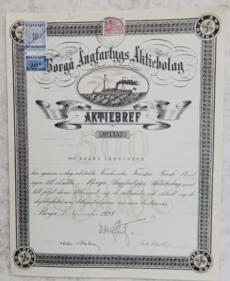 Borgå Ångfartygs Aktiebolag, osakekirja 1928