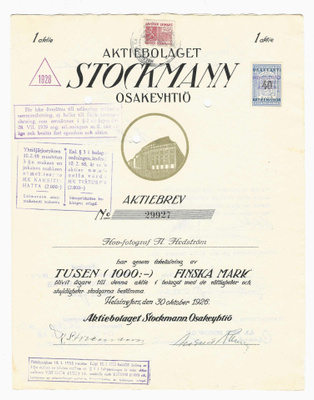 Osakekirja - Stockmann - 1926