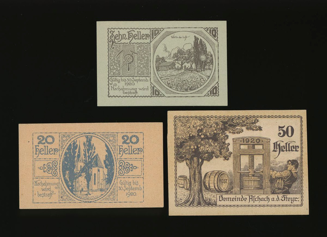 Itävalta Notgeld 10, 20, 50 Heller, Aschach 1920