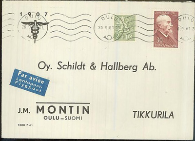 M54 1954 2(mk) lentolisä kirjeellä Oulusta Tikkurilaan -61