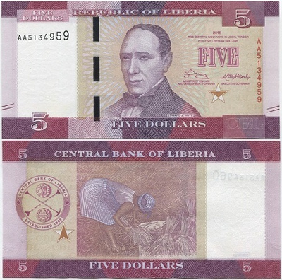 Liberia 5 Dollars 2016 UNC (P-31a) AA-sarjaa