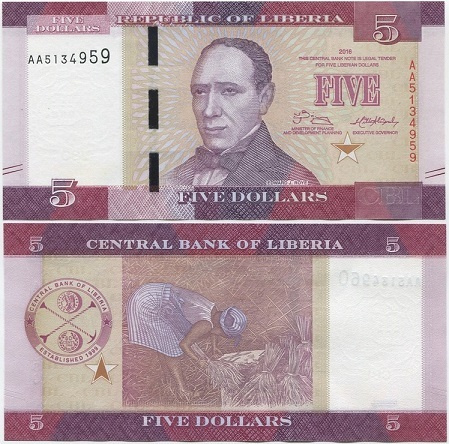 Liberia 5 Dollars 2016 UNC (P-31a) AA-sarjaa