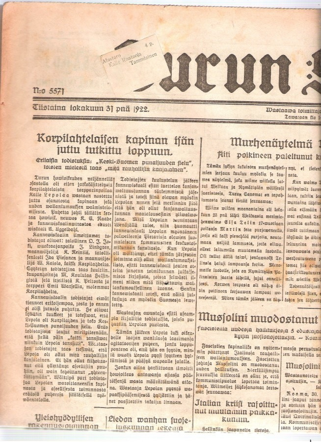 Turun Sanomat, yli satavuotias, kuusi sivua.